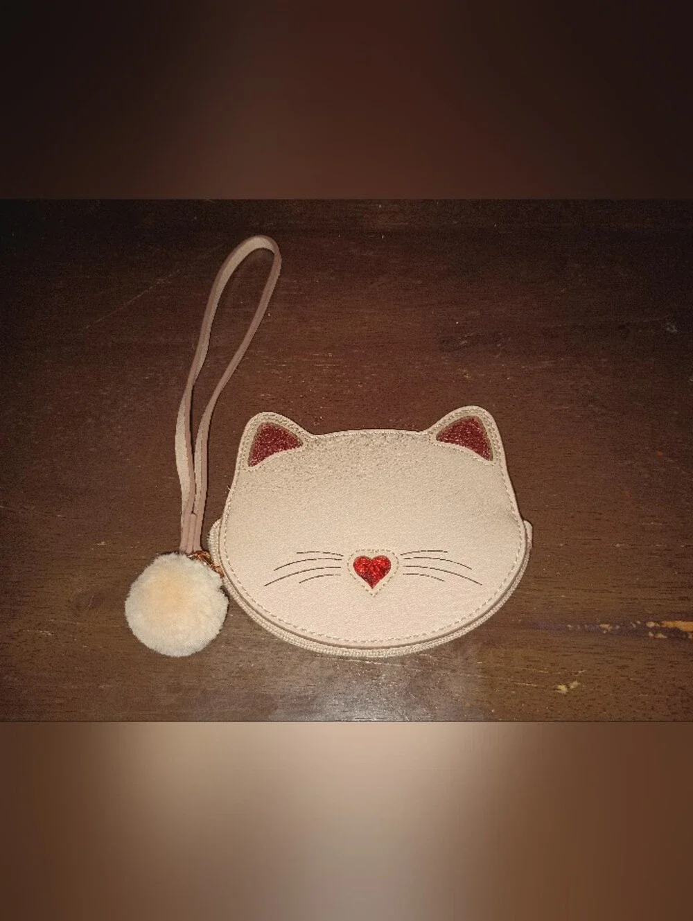 Beige Cat Face Wristlet Coin Purse with Pom Pom